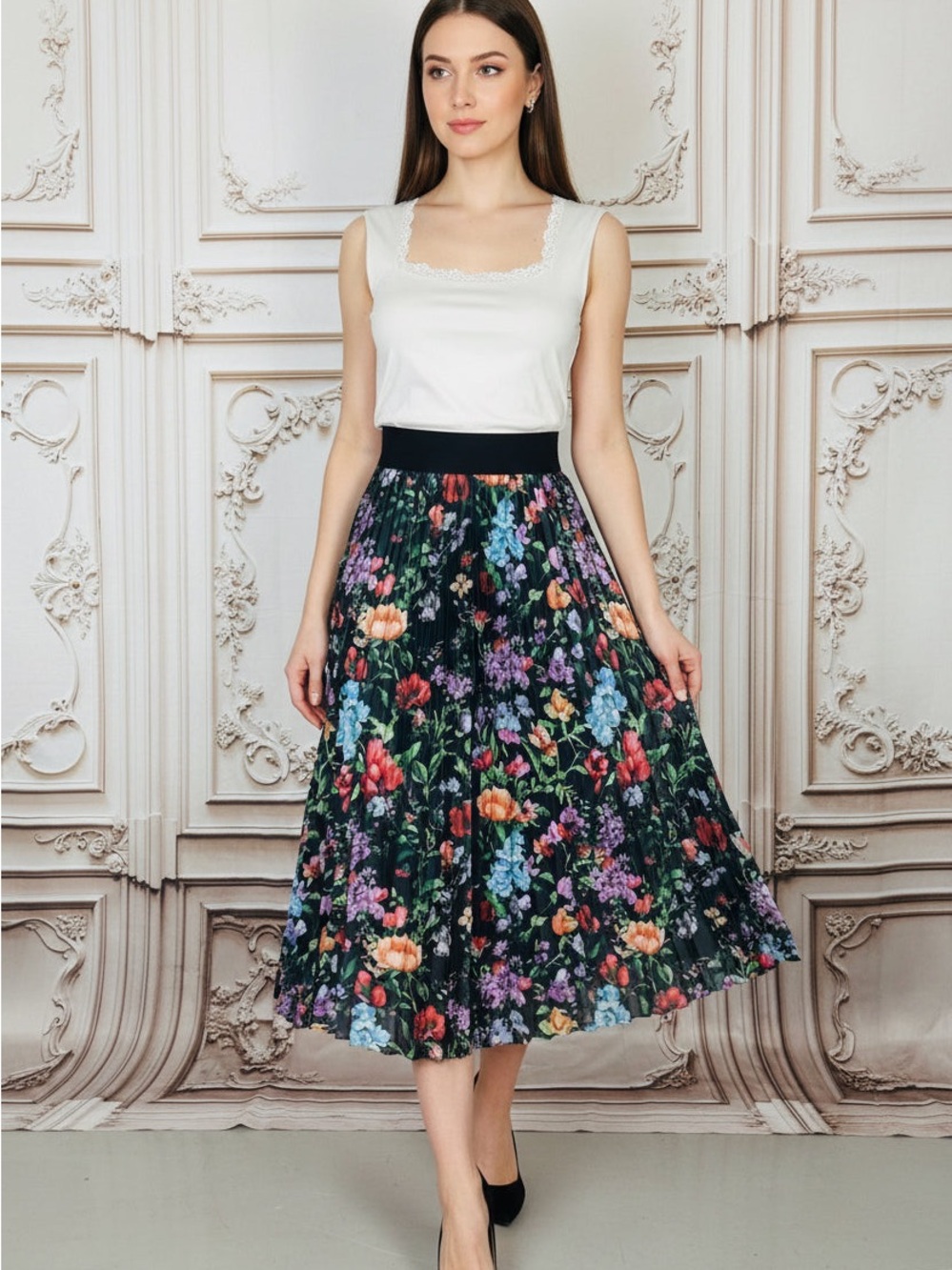 Metro Wear Black Floral Midi Skirt with Elastic Waist